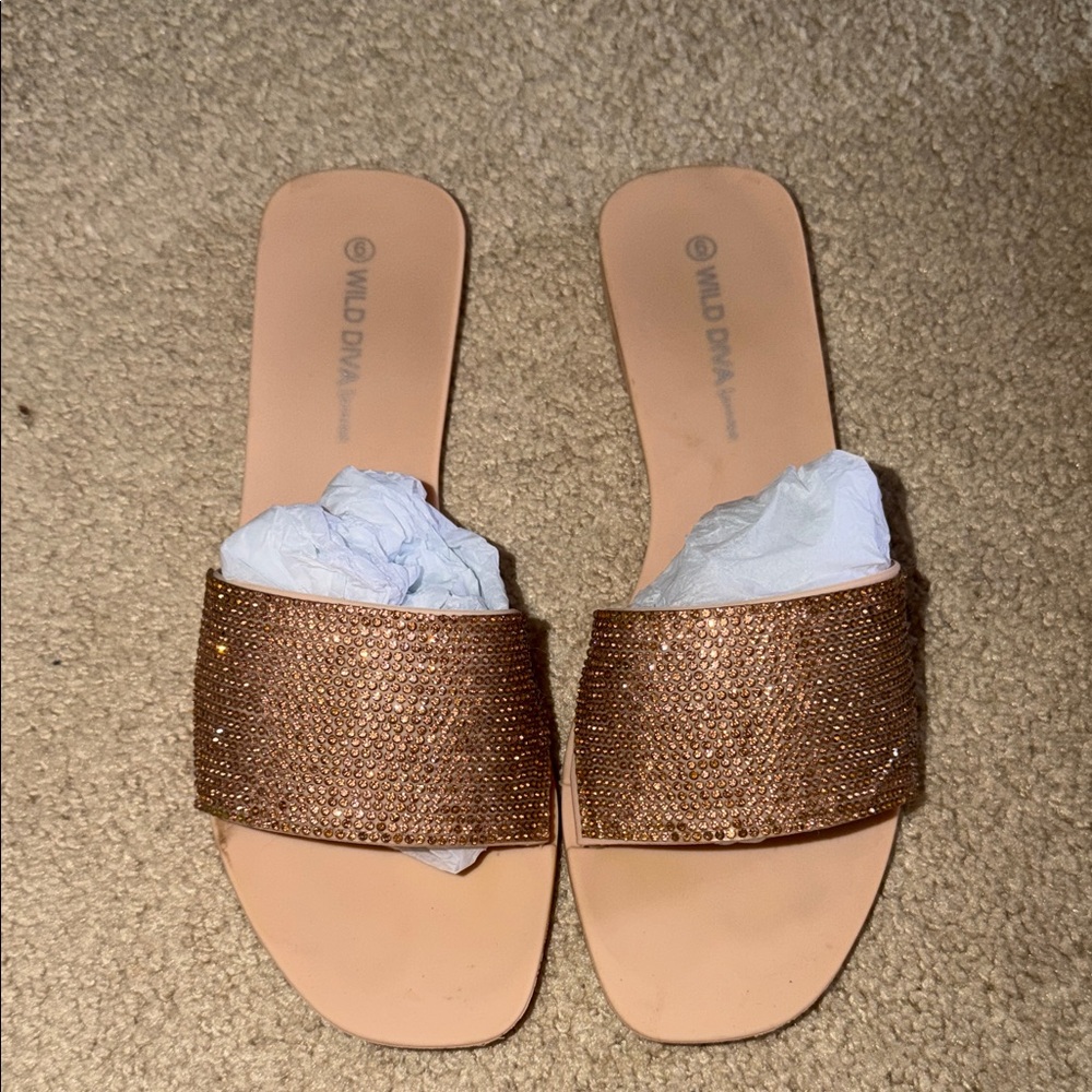 Wild Diva Tan Sparkle Slide Sandals